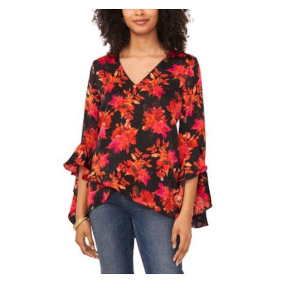 VINCE CAMUTO Tops - VINCE CAMUTO Womens Black Crossover Front Hi-lo Hem Long Sleeve V Neck Top M